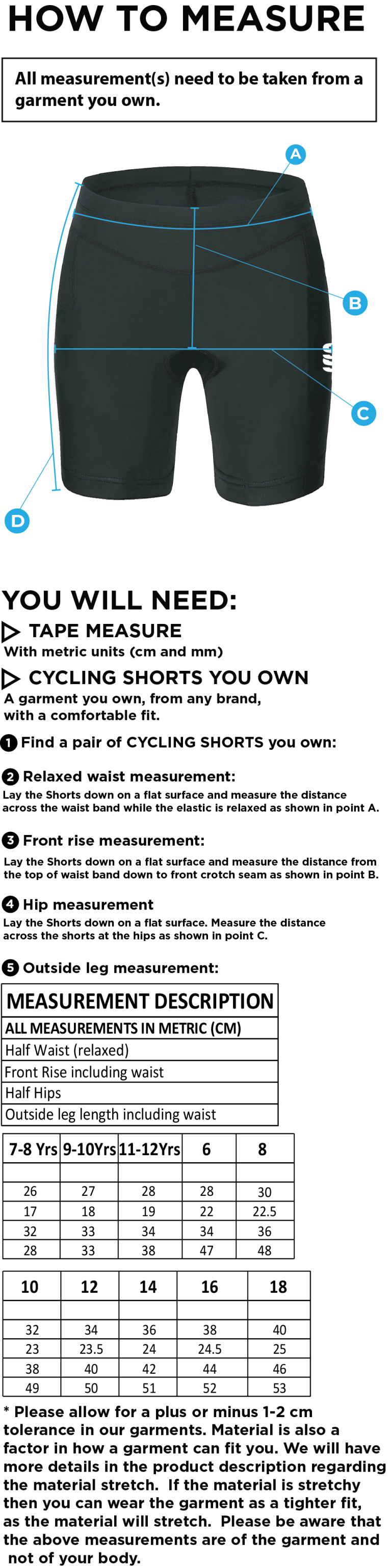 Women's/Junior - DUAL CYCLING SHORT : Black - Size Guide