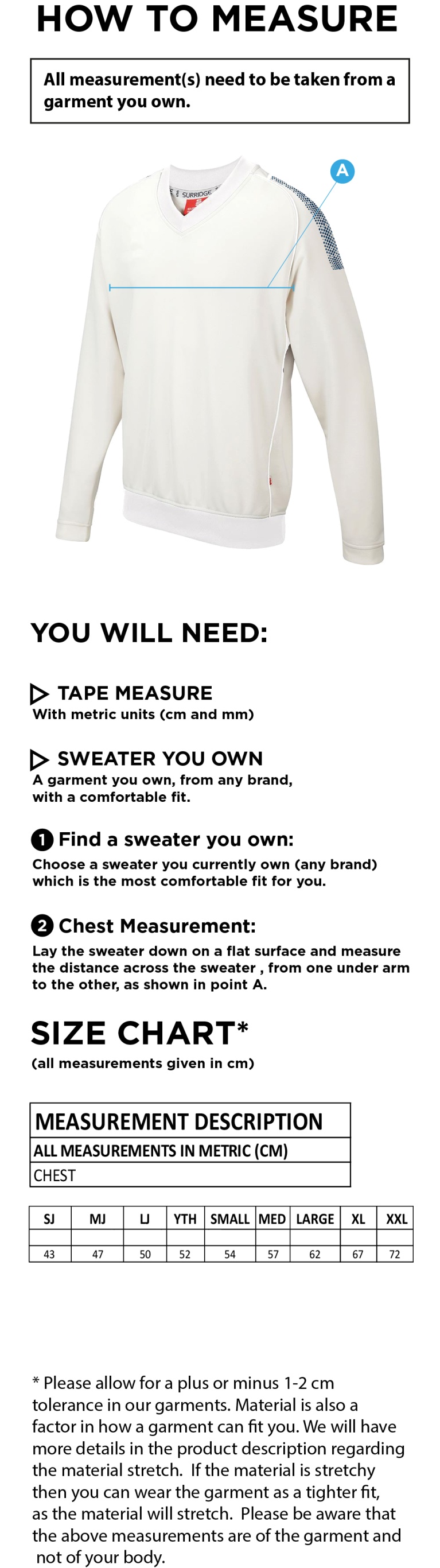 Junior Dual Long Sleeve Sweater - Size Guide