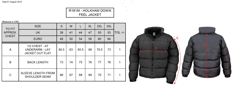 Holkham Down Feel Jacket : Black - Size Guide