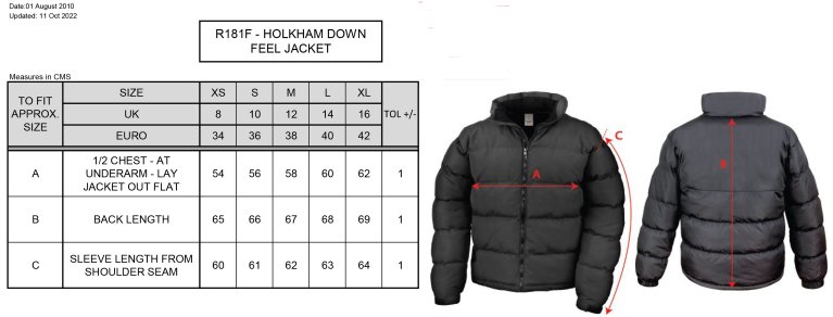Women's - Holkham Down Feel Jacket : Black - Size Guide