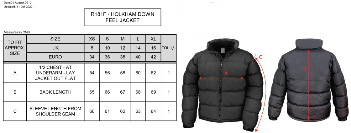 Women's - Holkham Down Feel Jacket : Black - Size Guide