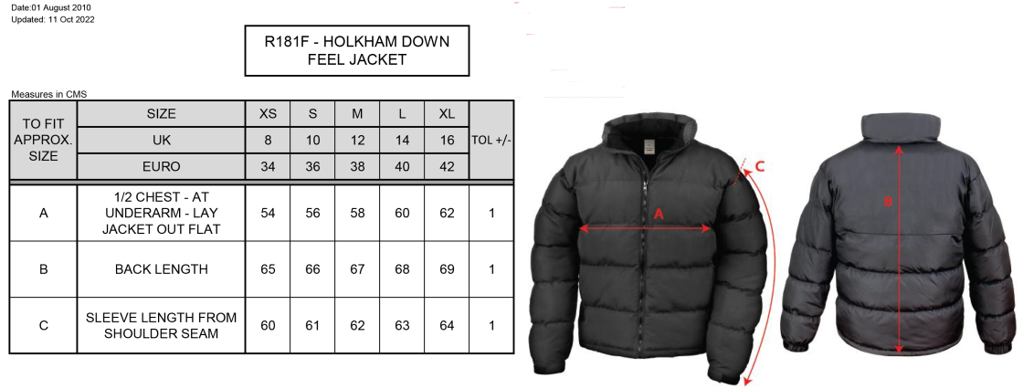 Women's - Holkham Down Feel Jacket : Black - Size Guide