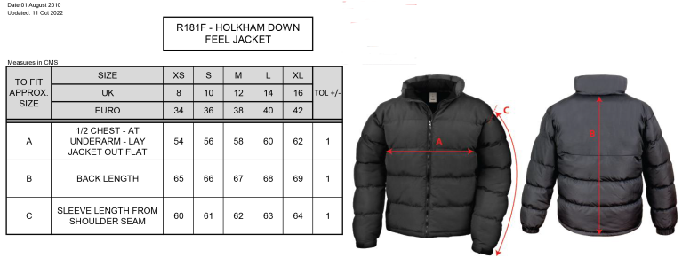 Women's - Holkham Down Feel Jacket : Black - Size Guide