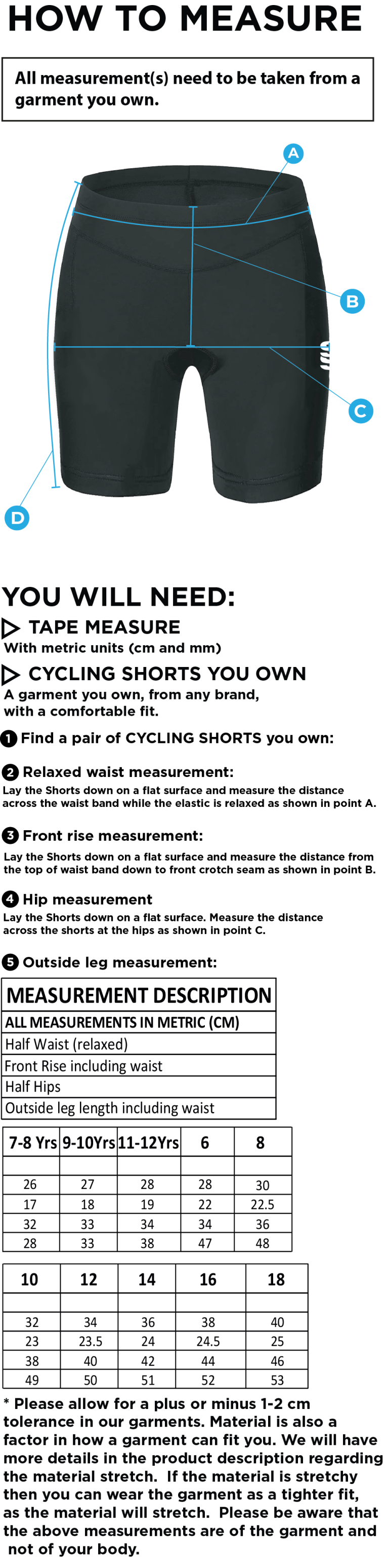 Women's/Junior - DUAL CYCLING SHORT : Black - Size Guide