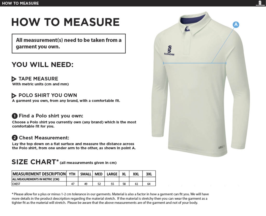 Junior Dual Cricket Shirt Long Sleeve - Size Guide