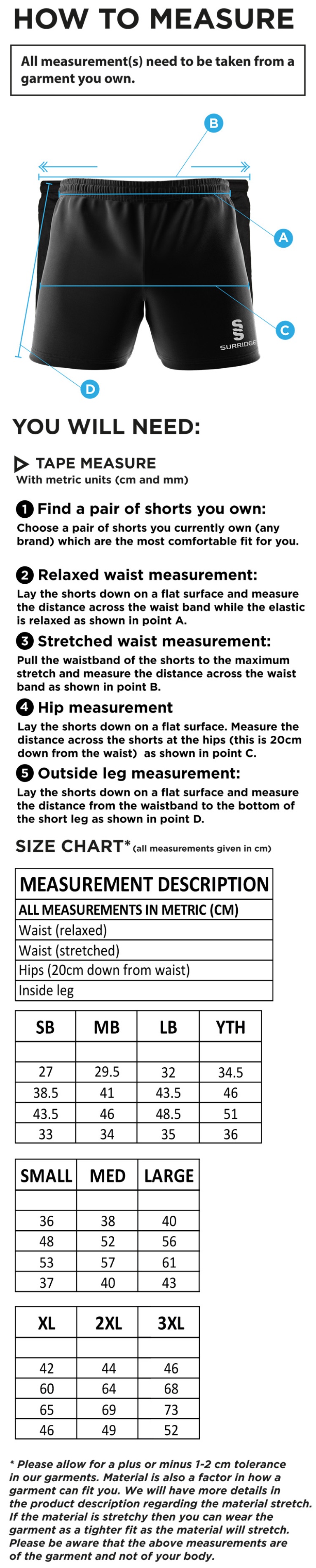 Performance Gym Short : Black - Size Guide