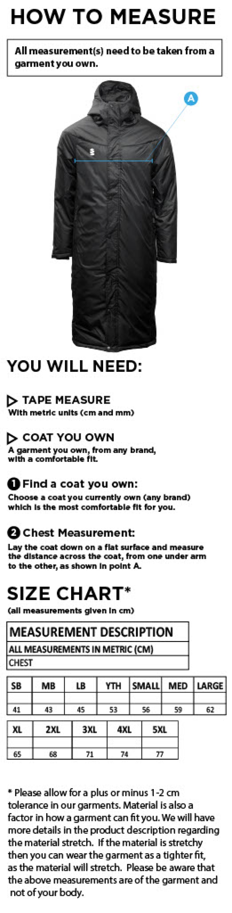 Full Length Sub Coat - Size Guide