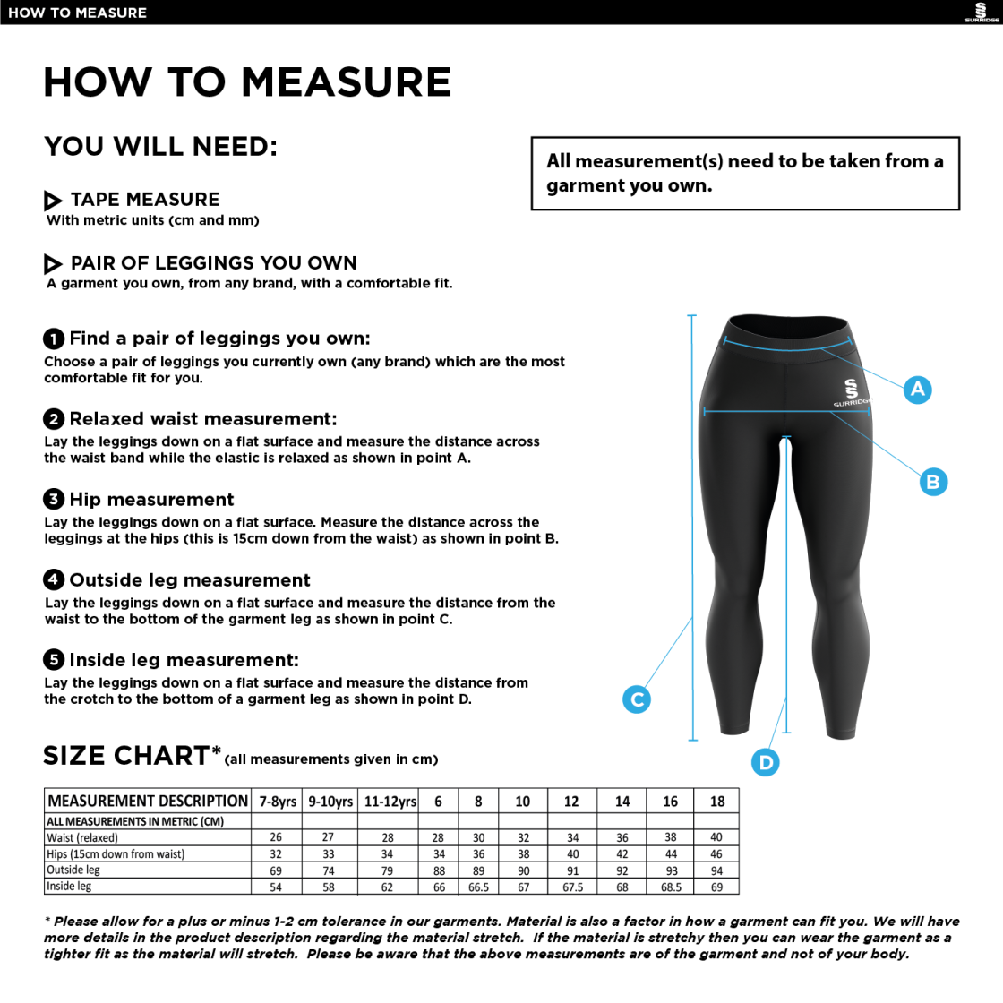 Women's/Junior - Performance Full Length Leggings : Black - Size Guide